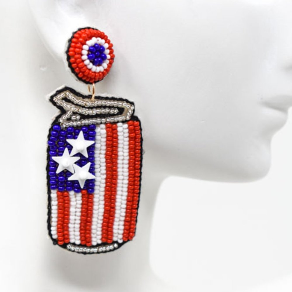 2.25" American Flag Patriotic Beer Can Earrings - Picture 4 of 10
